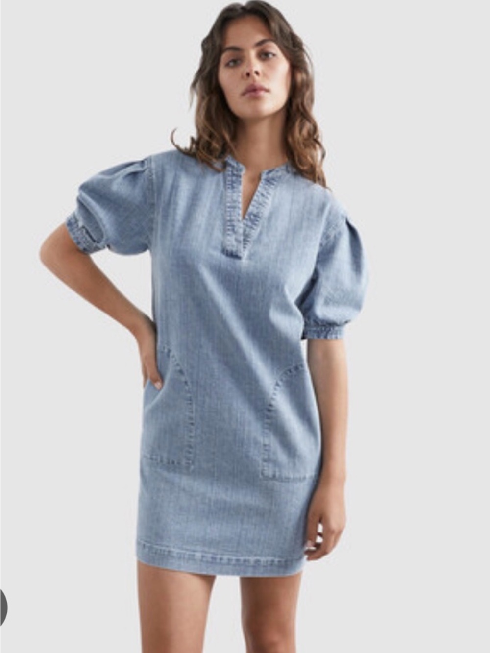 French Connection Light Wash Denim Puff-Sleeve Mini Dress